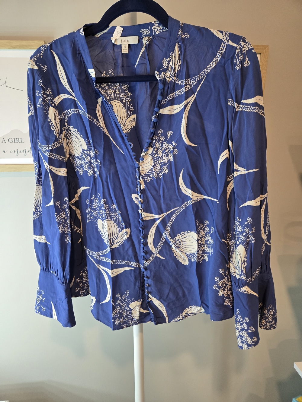 Joie Navy Blue Floral V-Neck Button Front Blouse